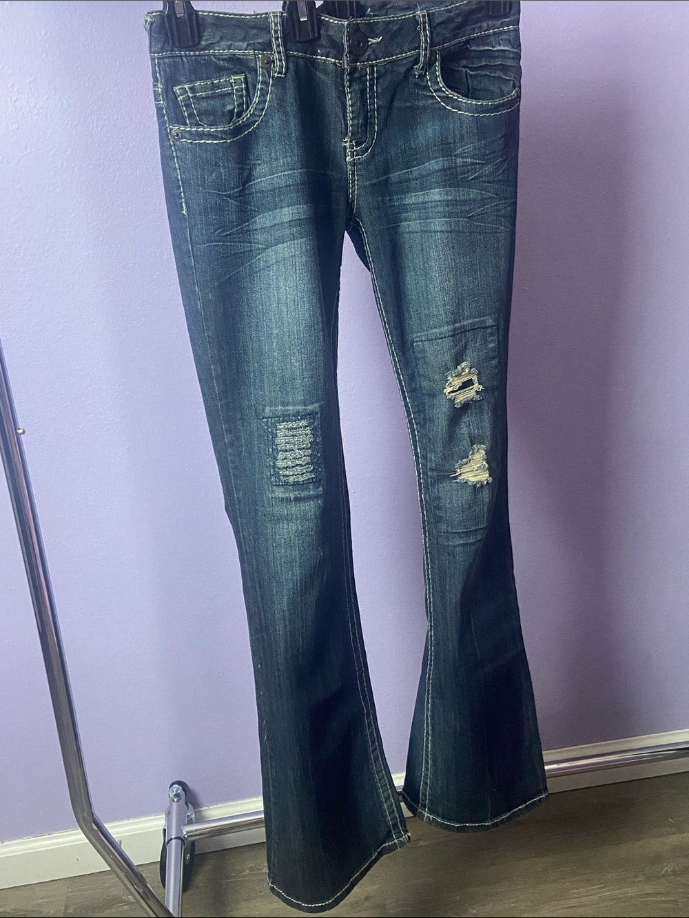 Dark Wash Distressed Women's Bootcut Jeans - Blue size 9